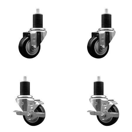 Service Caster 3'' SS Black Poly Wheel Swivel 1-3/4'' Expanding Stem Caster Set 2 Brakes, 4PK SCC-SSEX20S314-PPUB-BLK-2-TLB-2-134